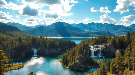 Panoramic aerial view of a beautiful mountain lake surrounded by coniferous forestの写真素材