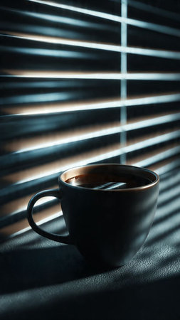Cup of coffee on window sill with blinds, closeupの写真素材
