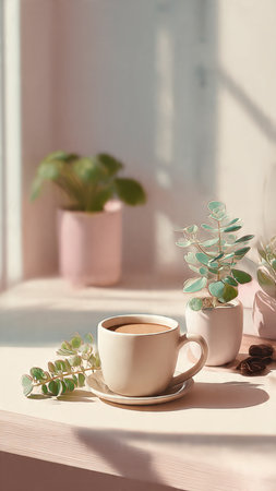 Cup of coffee and eucalyptus on windowsillの写真素材