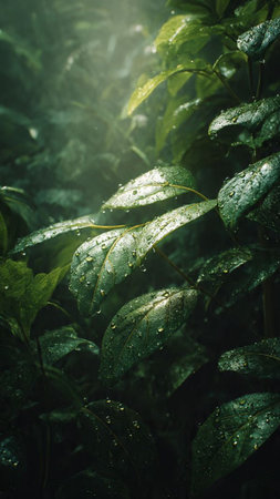 Green leaves with drops of dew in the morning. Nature backgroundの写真素材