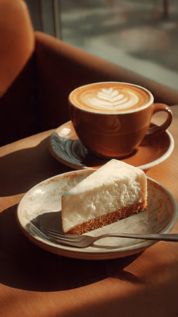 Coffee cup and cheesecake on wooden table in coffee shopの写真素材