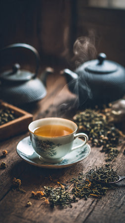 Cup of green tea and teapot on wooden table.の写真素材