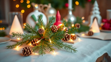 Christmas table setting with fir branches, cones and candles on a wooden backgroundの写真素材