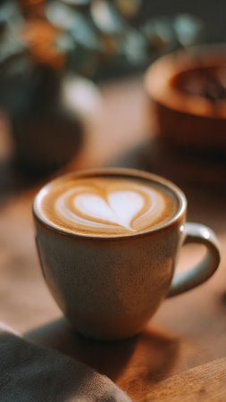Cup of coffee with latte art on wooden table, selective focusの写真素材