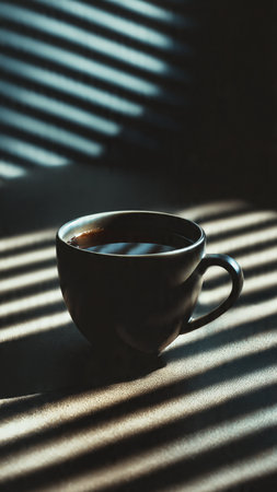 Cup of coffee on the table in the morning light with shadowの写真素材