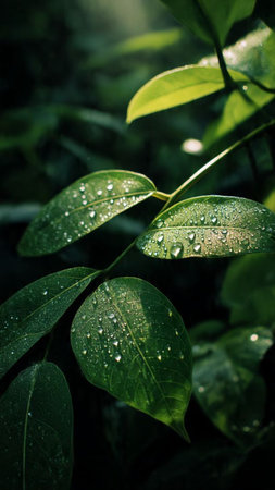 Green leaves with drops of dew in the morning. Nature background