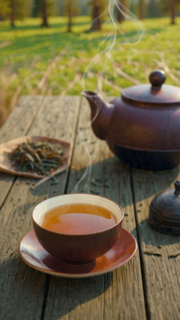 Cup of tea and teapot on a wooden table in the forestの写真素材