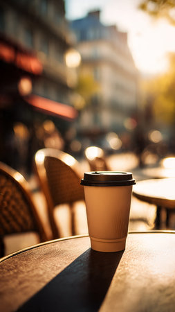 Coffee cup on a table in a street cafe in Parisの写真素材