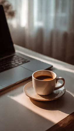 Coffee cup and laptop on table in the morning at homeの写真素材