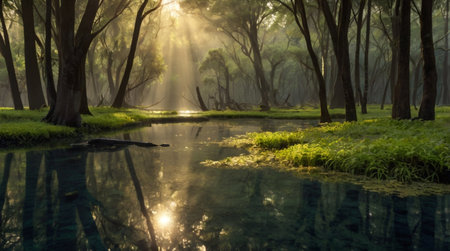 Morning sun shining through the trees in a park with a small pondの写真素材