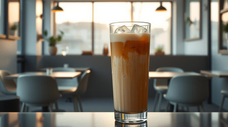 Iced coffee in glass on table in cafe. 3d renderingの写真素材