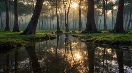 Pine forest at sunrise with reflection in the river, Thailand.
