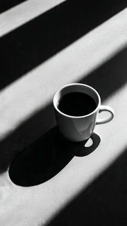 Cup of coffee with shadow from window. Black and white.の写真素材