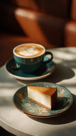 Cup of coffee and cheesecake on a table in a cafeの写真素材