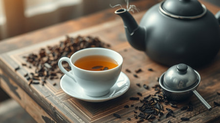 Cup of tea and teapot on wooden table in cafeの写真素材