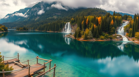 Panoramic view of beautiful alpine lake and waterfall in autumn.の写真素材