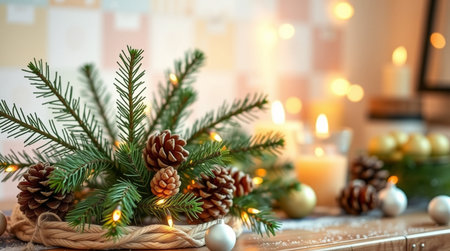 Christmas decoration with fir tree branches, candles and balls on wooden tableの写真素材