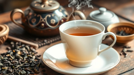 Tea hot drink on old background in composition with accessories on the table