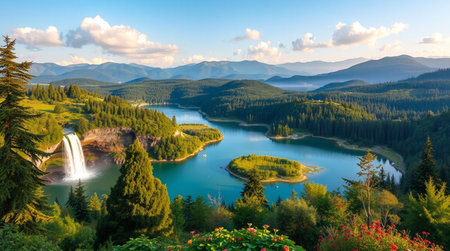 Panoramic view of a beautiful lake in the mountains.の写真素材