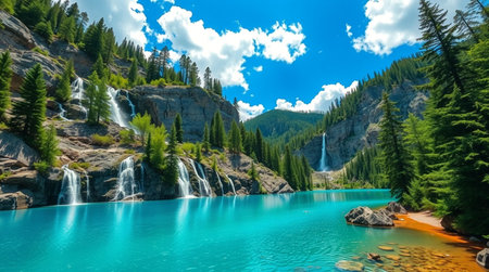 Beautiful turquoise lake in the mountains with a waterfall in the backgroundの写真素材