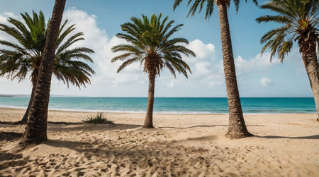 Palm trees on the beach of Playa de las Conchasの写真素材