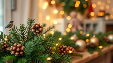 Christmas tree branches with decorations on the background of the living room.の写真素材