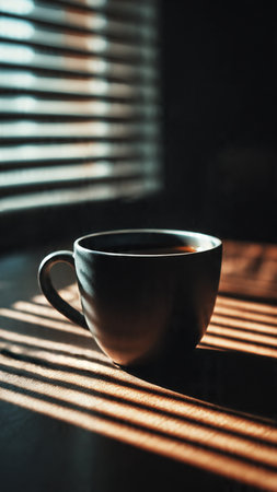 Coffee cup on the wooden table with blinds and sunlight.の写真素材