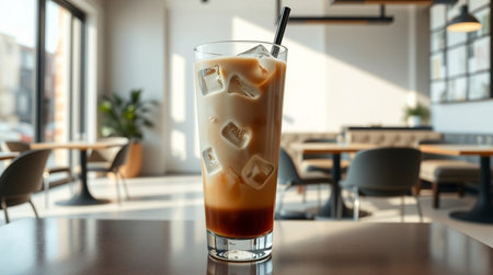 Iced coffee in glass on table in cafe, closeup view