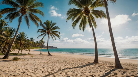 Beautiful tropical beach with palm trees and sand on a sunny dayの写真素材