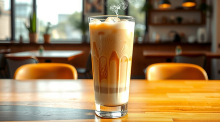 Iced coffee latte in a glass on wooden table in cafeの写真素材