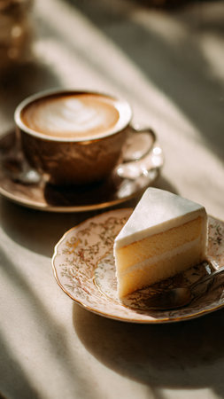 Cappuccino and cheesecake on saucer with a cup of coffeeの写真素材