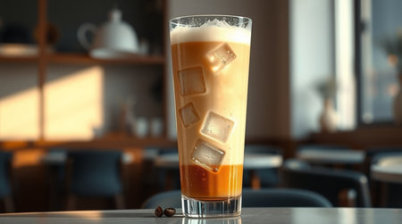 Iced coffee with ice cubes on table in cafe, closeupの写真素材
