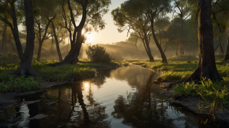 Sunrise over a small river in the Australian bushland, Australia