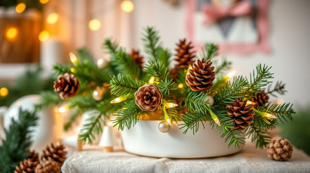 Beautiful Christmas table decoration with burning candles and fir tree branches on blurred backgroundの写真素材