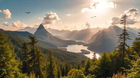 Sunset in Glacier National Park, Montana, USA. Beautiful view of the lake and mountains.の写真素材