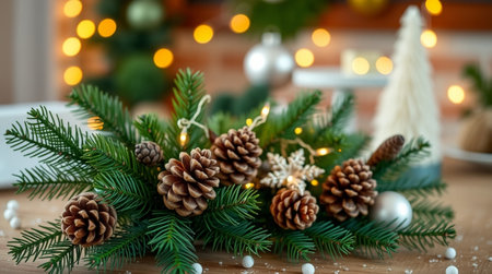 Christmas decoration with fir branches, pine cones and garland lights on blurred backgroundの写真素材