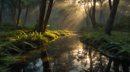 Foggy sunrise in the forest with a river flowing through itの写真素材