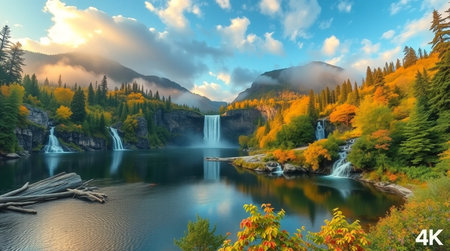 Beautiful autumn landscape with waterfall in the mountains. 3d rendering