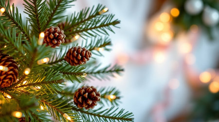 Christmas tree branches with pine cones and garland on bokeh backgroundの写真素材