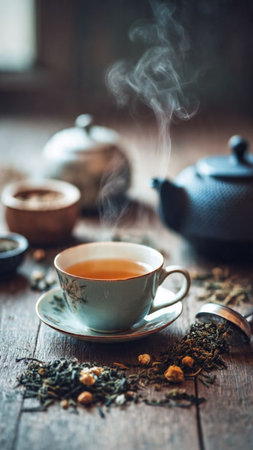 Cup of tea and teapot on a wooden table.の写真素材