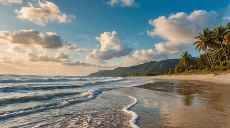 Panoramic view of a tropical beach in Sri Lanka during sunsetの写真素材