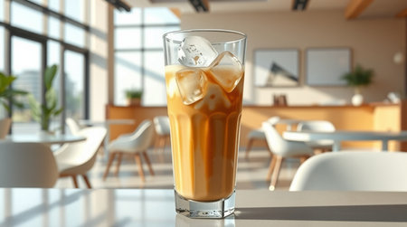 Glass of iced coffee with ice cubes on white table in cafe