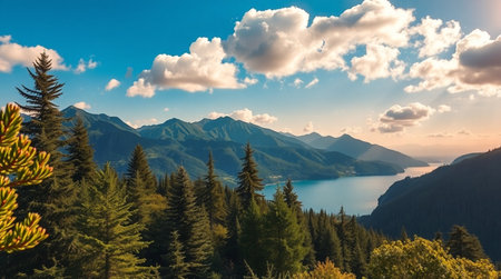 Panoramic view of the lake in the mountains on a sunny day