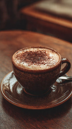 Cup of cappuccino with cocoa powder on wooden tableの写真素材