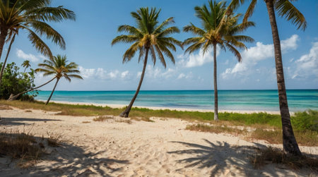 Coconut palm trees on the beach in Cayo Largo, Cubaの写真素材