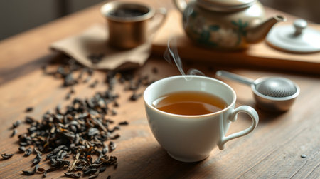 Cup of tea and teapot on wooden table, closeupの写真素材