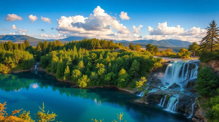 Panoramic view of a beautiful natural landscape with a lake and waterfallの写真素材