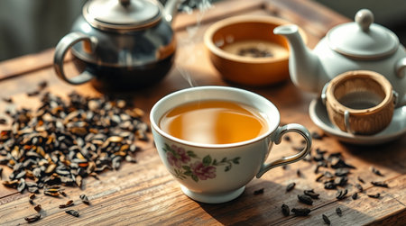 Cup of tea and teapot on wooden table, closeupの写真素材