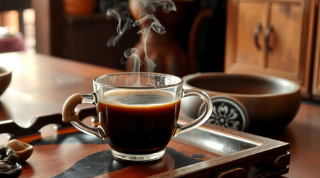 Cup of coffee on wooden table in cafe, closeup viewの写真素材