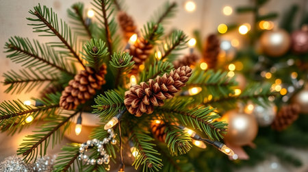 Christmas tree branches with pine cones and garlands on a wooden backgroundの写真素材
